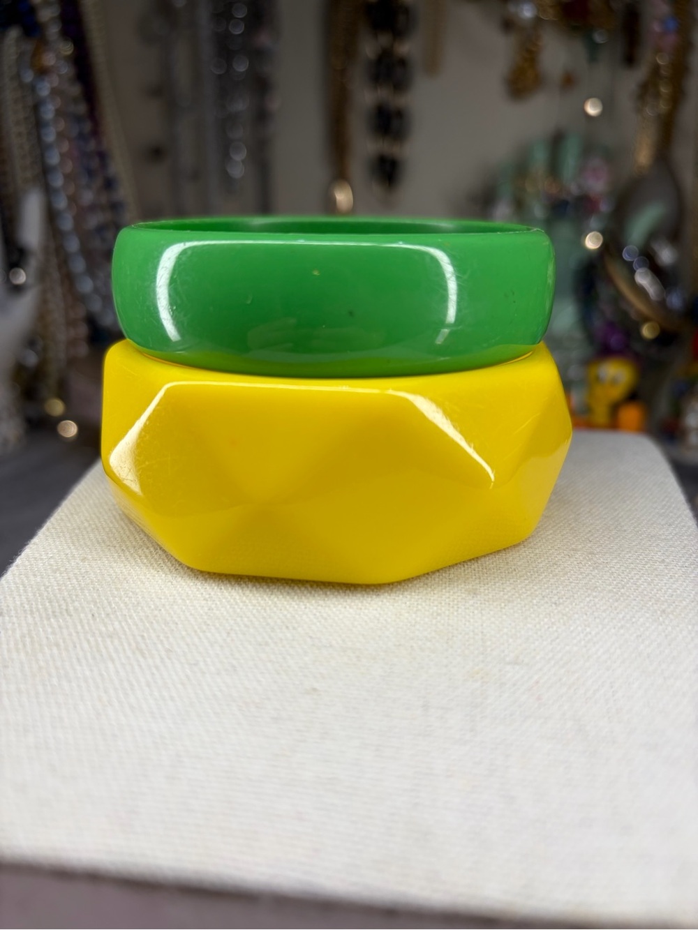 Set Of Two Vintage Bangles Green Yellow Retro Bracelets Jewelry Stack Chunky